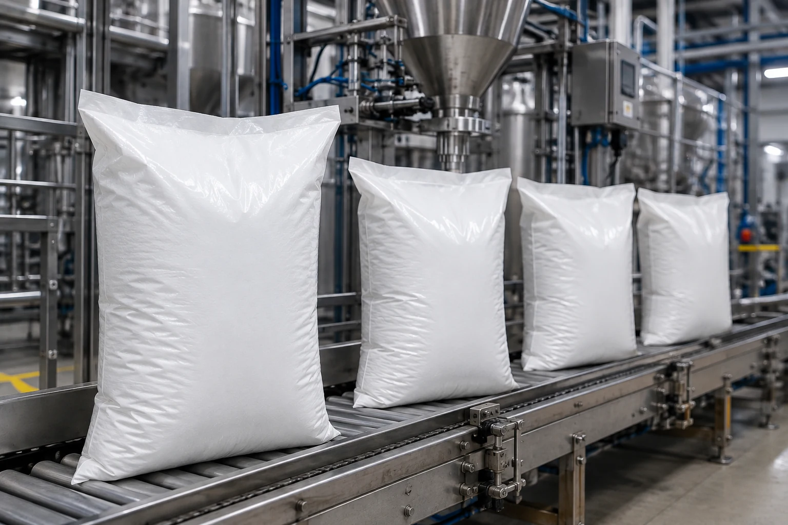 Industrial packaging bags on a filling and packing line